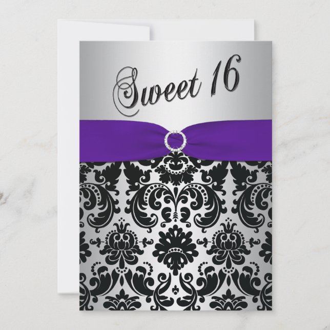 Lila, Silver, Black Damask Sweet 16 inbjudningar (Framsida)