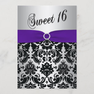 Lila, Silver, Black Damask Sweet 16 inbjudningar