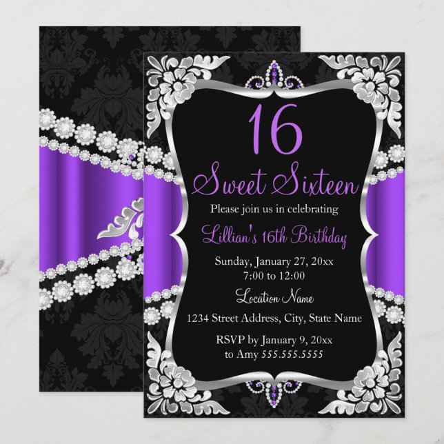 Lila Silver Black Tiara Sweet 16-inbjudan Inbjudningar (Fram/baksida)