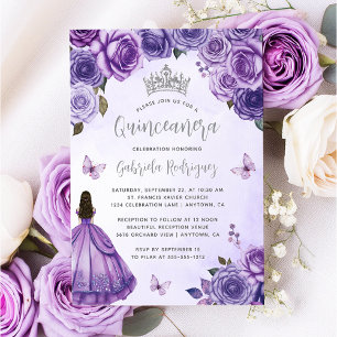 Lila Silver Blommig Akvarell Quinceañera Inbjudningar