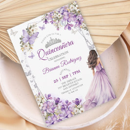 Lila Silver Blommig Fjäril Quinceañera Inbjudningar