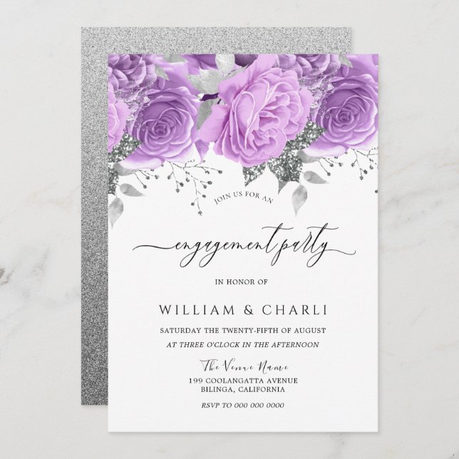 Lila Silver Blommig Förlovningsfest Inbjudningar (Fram/baksida)