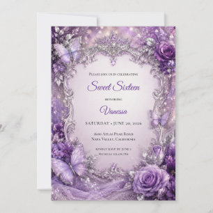 Lila Silver Blommig Prinsessa Sweet 16 Inbjudningar