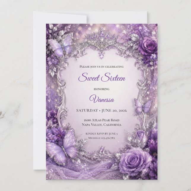 Lila Silver Blommig Prinsessa Sweet 16 Inbjudningar (Framsida)