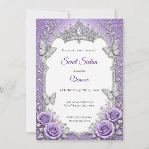Lila Silver Blommig Prinsessa Sweet 16 Inbjudningar