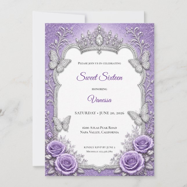 Lila Silver Blommig Prinsessa Sweet 16 Inbjudningar (Framsida)