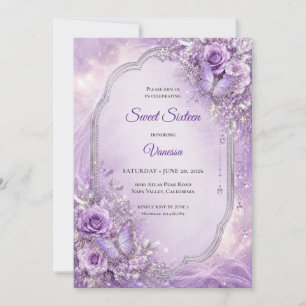 Lila Silver Blommig Prinsessa Sweet 16 Inbjudningar