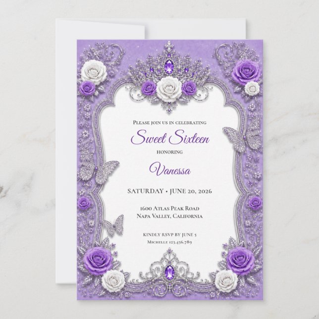 Lila Silver Blommig Prinsessa Sweet 16 Inbjudningar (Framsida)