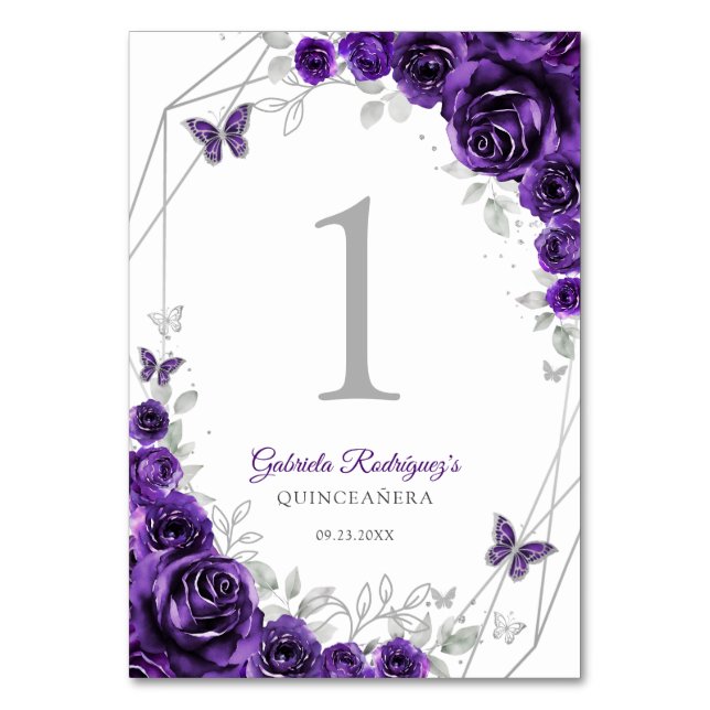 Lila Silver Blommig Quinceanera Bordsnummer (Framsidan)