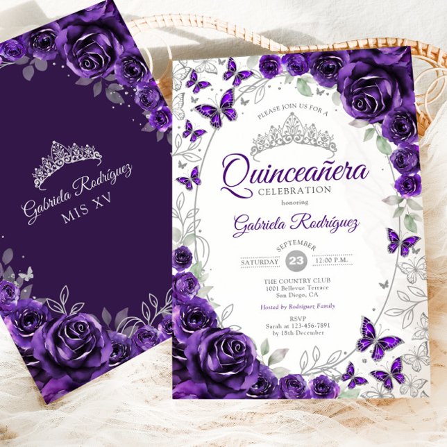 Lila Silver Blommig Quinceanera Inbjudningar (Skapare uppladdad)