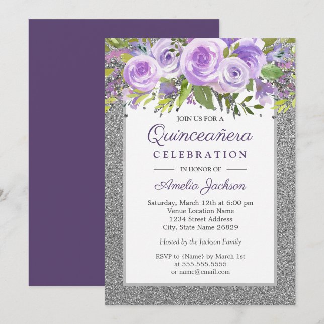 Lila Silver Blommig Ros Quinceanera Inbjudningar (Fram/baksida)