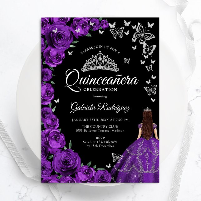 Lila Silver Blommigt Butterflies Quinceanera Inbjudningar (Skapare uppladdad)