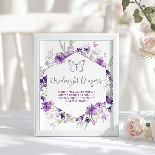 Lila silver blommigt Butterfly Midnight diaper Po Poster (Skapare uppladdad)