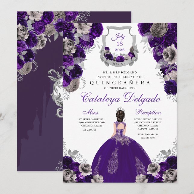 Lila & Silver Blommigt Elegant Quinceañera Inbjudningar (Fram/baksida)