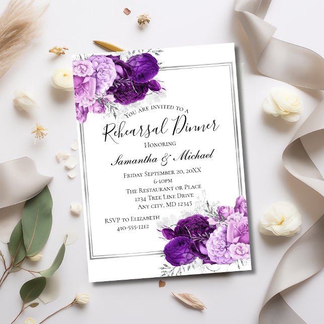 Lila Silver Blommigt Elegant Rehearsal Middag Inbjudningar (Purple Silver Elegant Wedding Rehearsal Dinner Invitation. Printed or Instant Digital download)