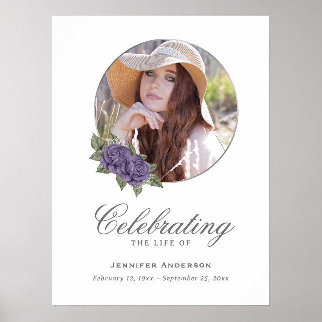 Lila Silver Blommigt Foto Memorial Funeral Sign Poster (Framsidan)