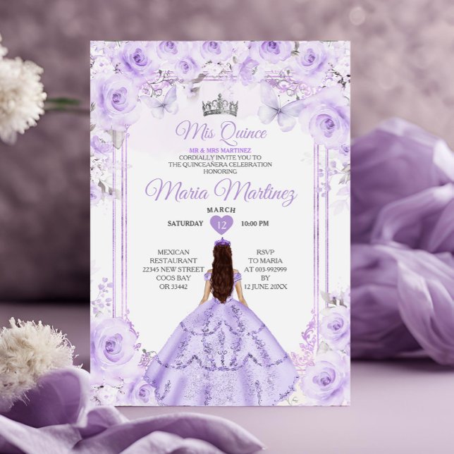 Lila & Silver Blommigt Princess Quiñceanera Inbjudningar (Skapare uppladdad)