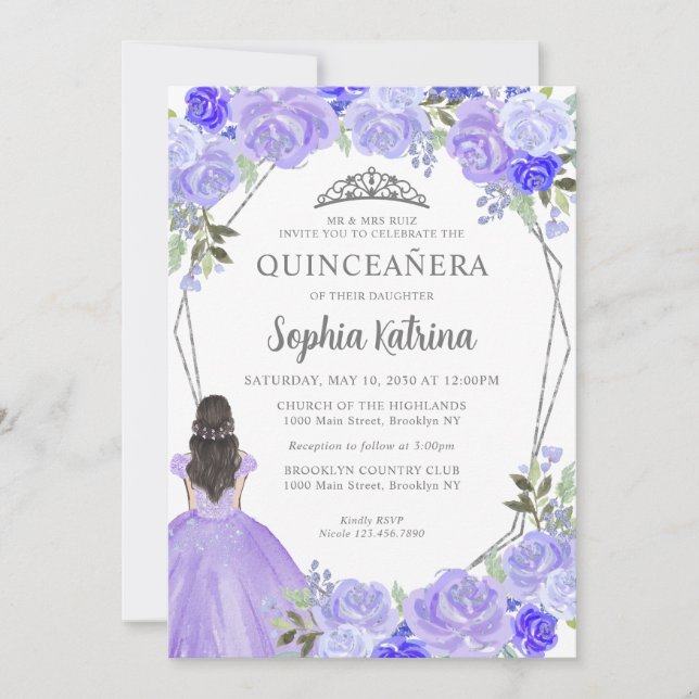 Lila Silver Blommigt Princess Tiara Quinceañera in Inbjudningar (Framsida)