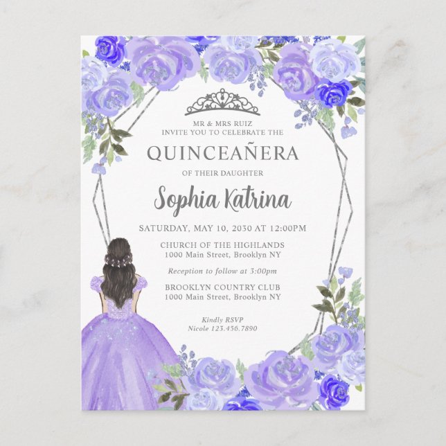 Lila Silver Blommigt Princess Tiara Quinceañera Vykort (Framsida)