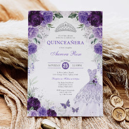 Lila Silver Blommigt Quinceañera Mis Quince Anos Inbjudningar