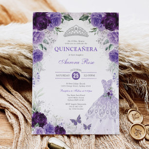 Lila Silver Blommigt Quinceañera Mis Quince Anos Inbjudningar