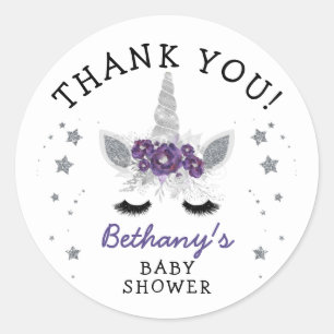 Lila Silver Blommigt Unicorn Baby Shower-tjänst Runt Klistermärke