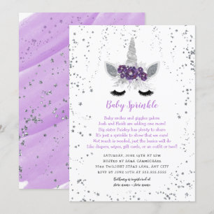 Lila Silver Blommigt Unicorn Baby Sprinkle Inbjudningar