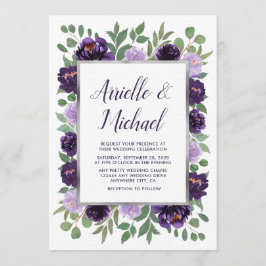 Lila Silver Blommigt Watercolor Eucalyptus Bröllop Inbjudningar