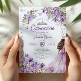 Lila Silver Blommor Fjärilar Quinceañera Inbjudningar