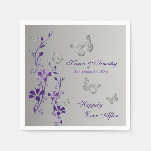 Lila Silver Butterfly Blommigt Papper Napkins 2 Pappersservett (Framsidan)
