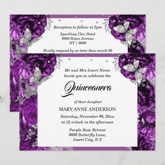 Lila silver butterfly elegant ro quinceanera inbjudningar (Fram/baksida)