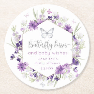 Lila silver Butterfly kysser babyduschen Underlägg Papper Rund