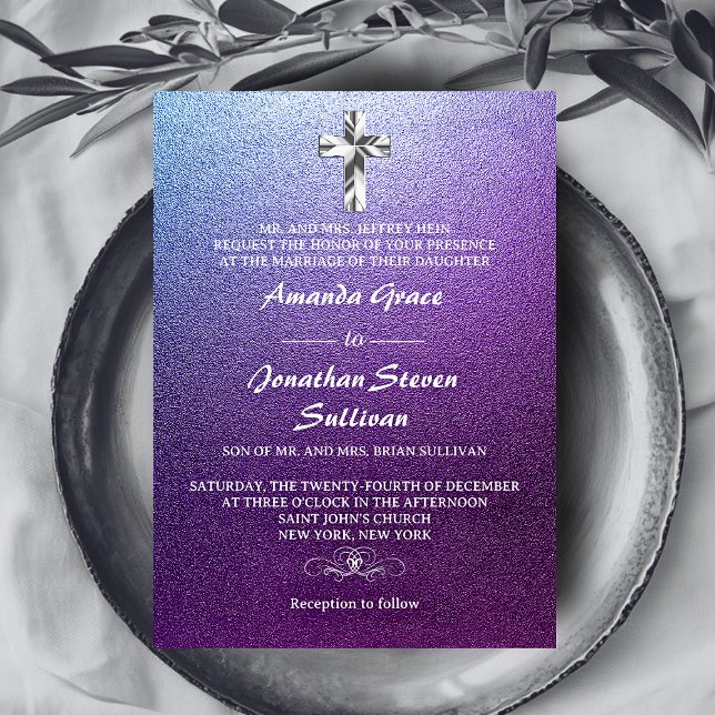 Lila Silver Christian Kor Bröllop Inbjudningar (Purple Silver Christian Cross Wedding Invitation)