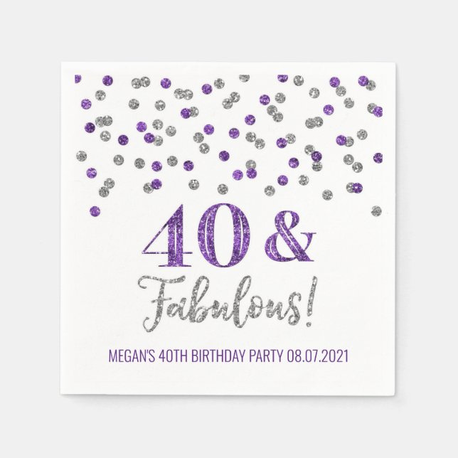 Lila Silver Confetti 40 & Fabulous Birthday Pappersservett (Framsidan)