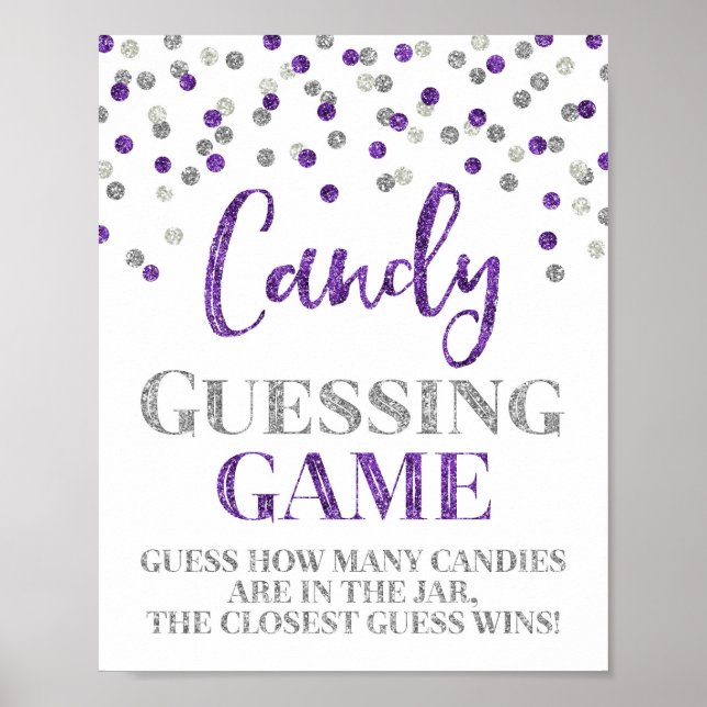 Lila Silver Confetti Candy Guessing Game Sign Poster (Framsidan)