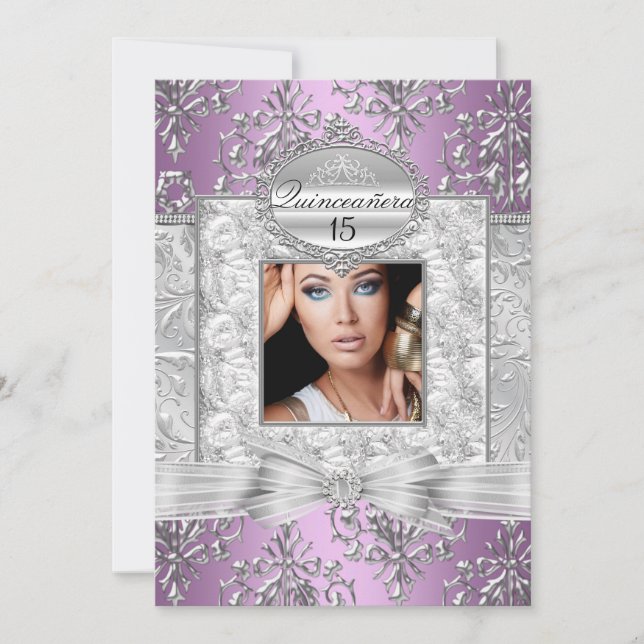 Lila & Silver Damask Quinceanera-meddelanden Inbjudningar (Framsida)