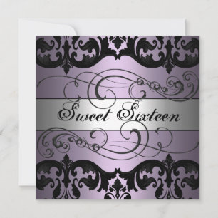 Lila/Silver Damask Sweet 16 födelsedagsinbjudan Inbjudningar