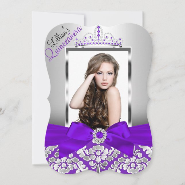 Lila Silver Damask & Tiara Photo Quinceanera Inbjudningar (Framsida)