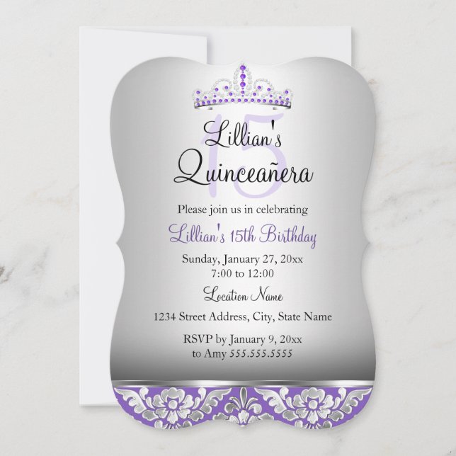 Lila Silver Damask & Tiara Quinceanera Inbjudan (Framsida)