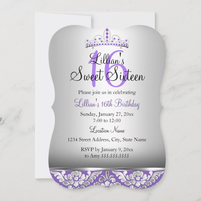 Lila Silver Damask & Tiara Sweet 16 Inbjudan (Framsida)
