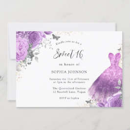 Lila & Silver Dress & Ro Butterfly Sweet 16 Inbjudningar