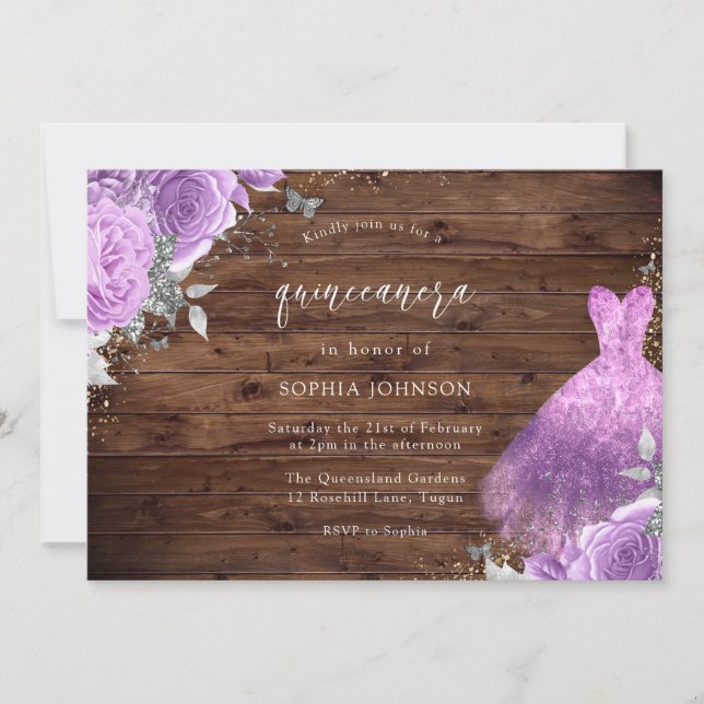 Lila & Silver Dress Ro Rustic Wood Quinceanera Inbjudningar (Framsida)