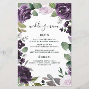 Lila Silver Elegant Blommigt Bröllop Menu-kort