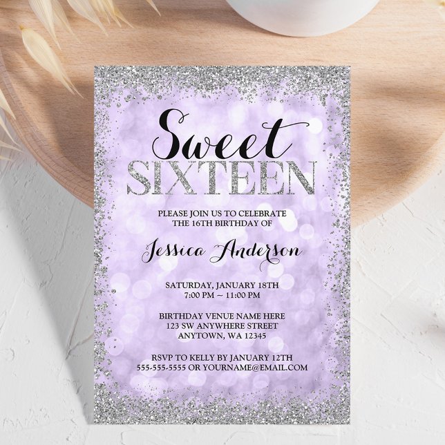 Lila Silver Falska Glitterljus Sweet 16 Inbjudningar (Skapare uppladdad)