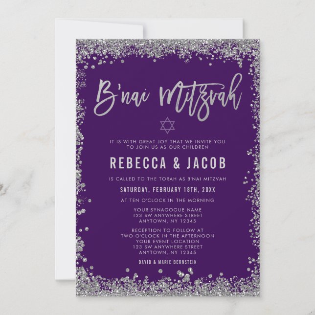 Lila Silver Falskt Glitter B'nai Mitzvah Inbjudningar (Framsida)