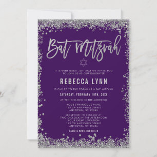 Lila Silver Faux Glitter Bat mitzvah Inbjudningar