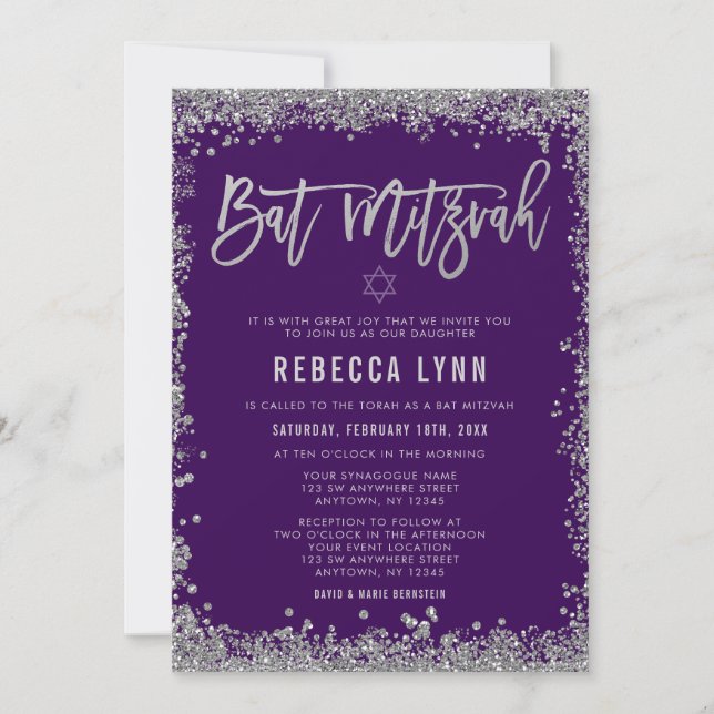 Lila Silver Faux Glitter Bat mitzvah Inbjudningar (Framsida)