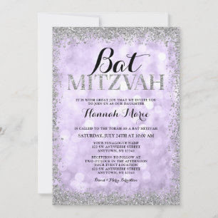 Lila Silver Faux Glitter Ljus Bat mitzvah Inbjudningar