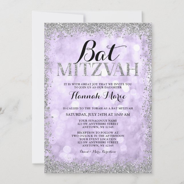 Lila Silver Faux Glitter Ljus Bat mitzvah Inbjudningar (Framsida)