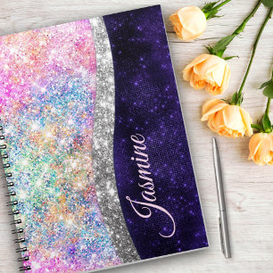 lila silver faux glitter monogram anteckningsbok